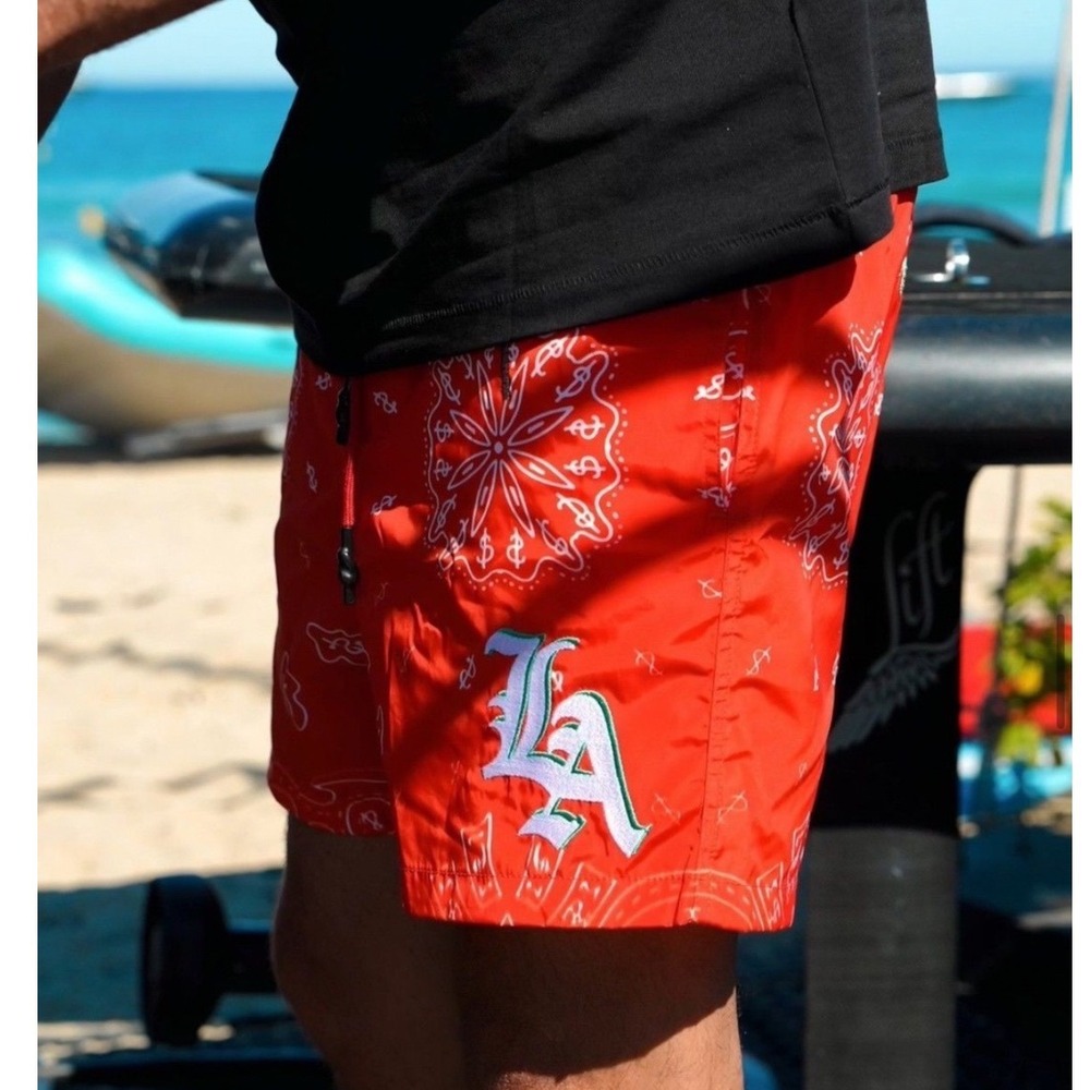 Bain de Mer Mens LA Print Embroidered Swim Trunks Red Bandana Shorts 3XL NEW